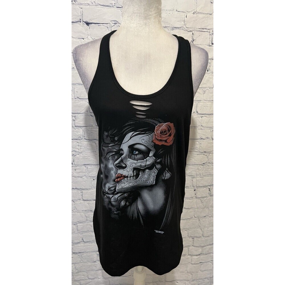 Jon Lauren Black Skeleton Rhinestone Angel Wings Cut Up Back Tank Top Large